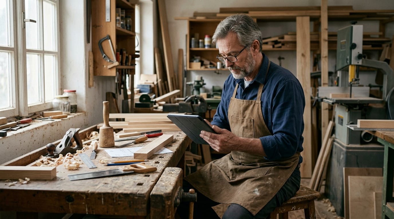 Artisan menuisier vérifiant une facture électronique sur sa tablette dans son atelier