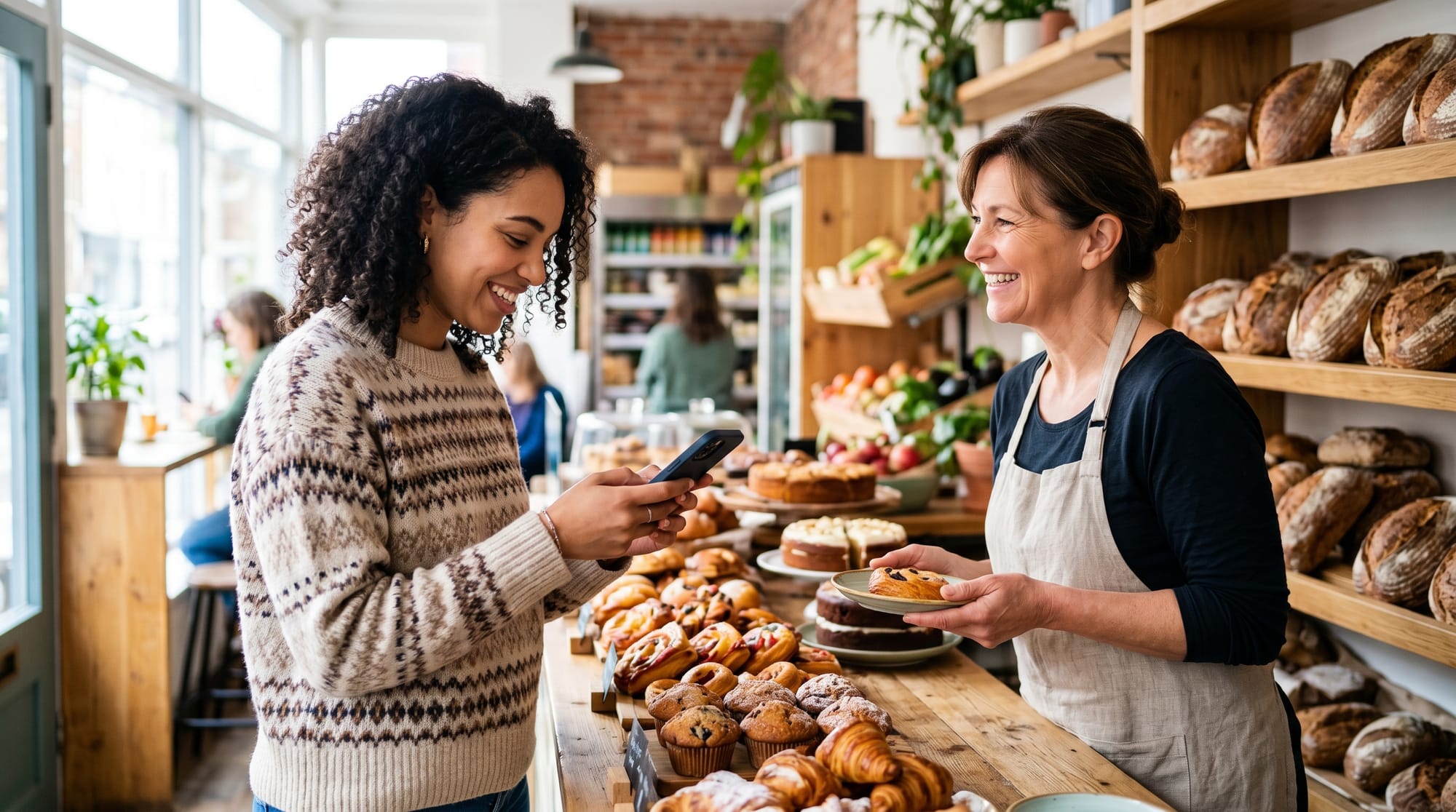 Cliente satisfaite utilisant son smartphone au comptoir d'une boulangerie face au commerçant souriant