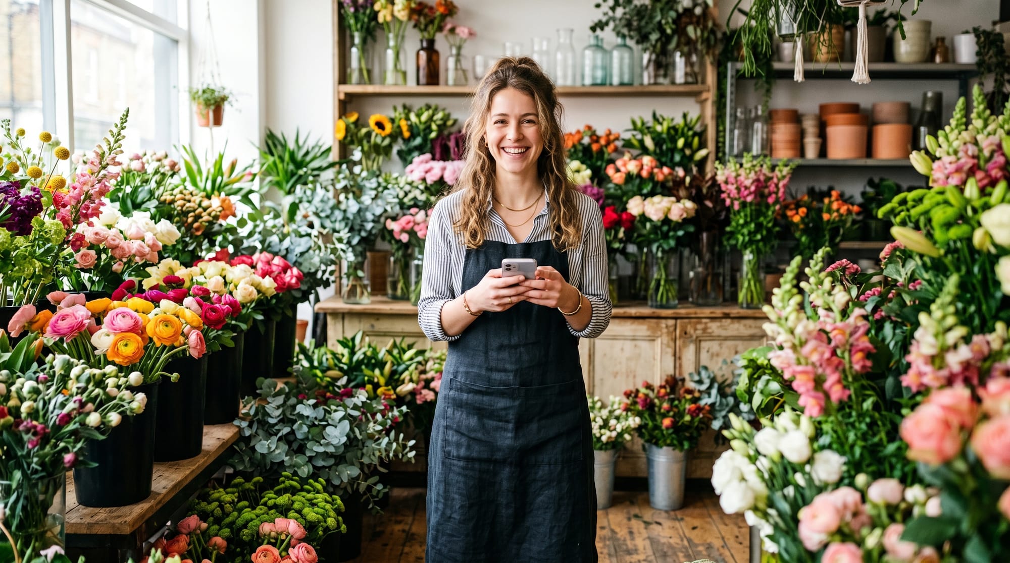 Fleuriste souriante consultant son smartphone dans sa boutique de fleurs colorée et lumineuse