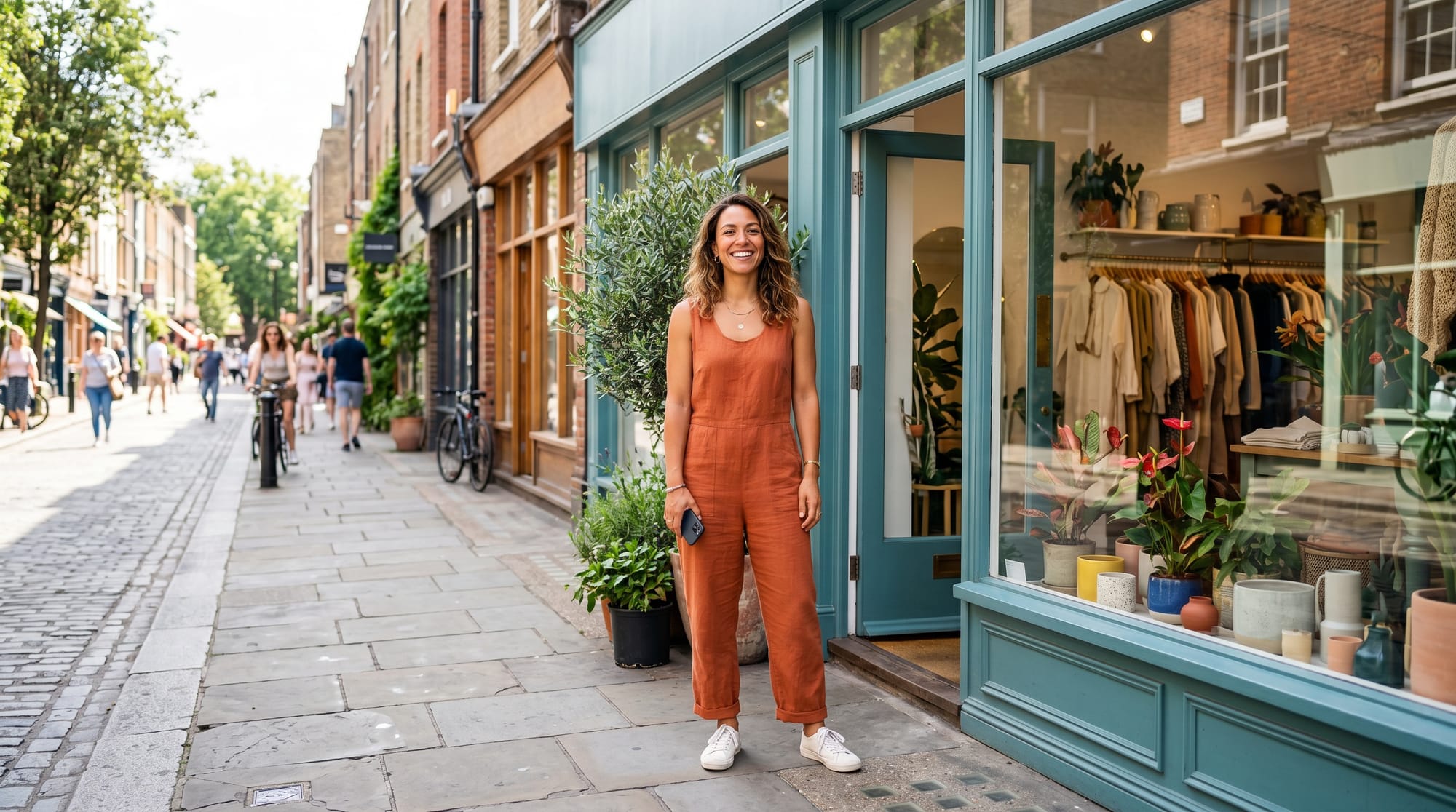 Commerçante souriante téléphone en main devant sa boutique colorée dans une rue commerçante