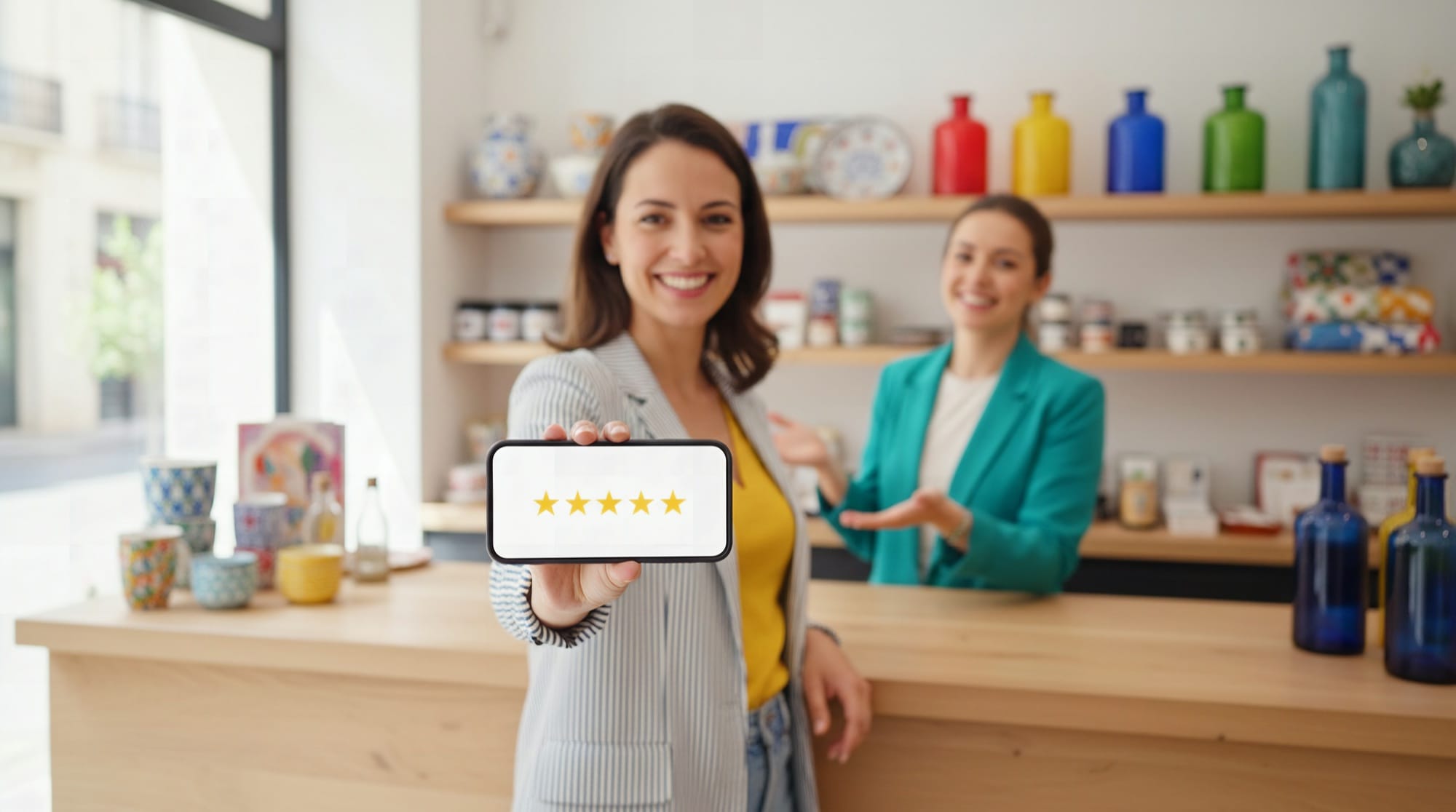 une cliente montre les 5 étoiles de l'avis google qu'elle vient de laisser chez la commerçante