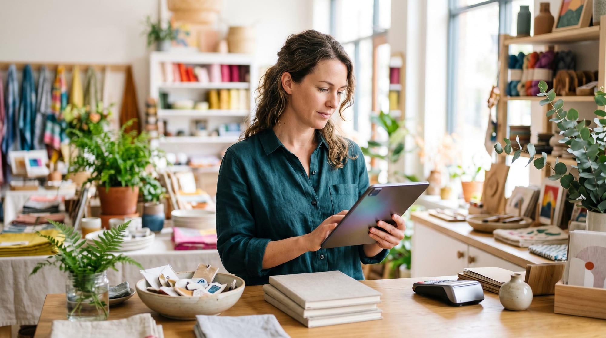Commerçante analysant les chiffres de son activité sur une tablette derrière son comptoir