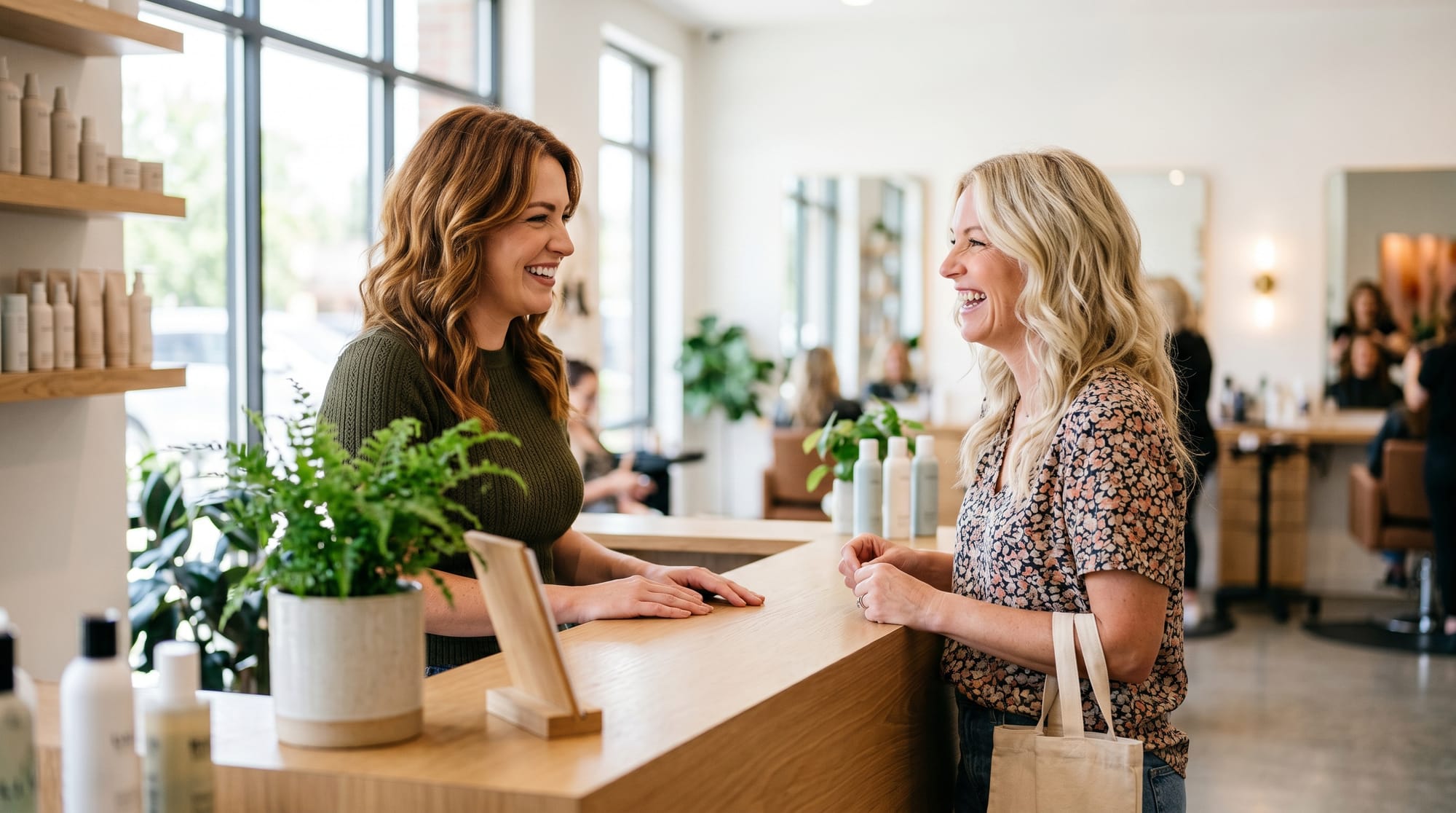 Coiffeuse et cliente souriantes discutant au comptoir d'un salon de coiffure lumineux