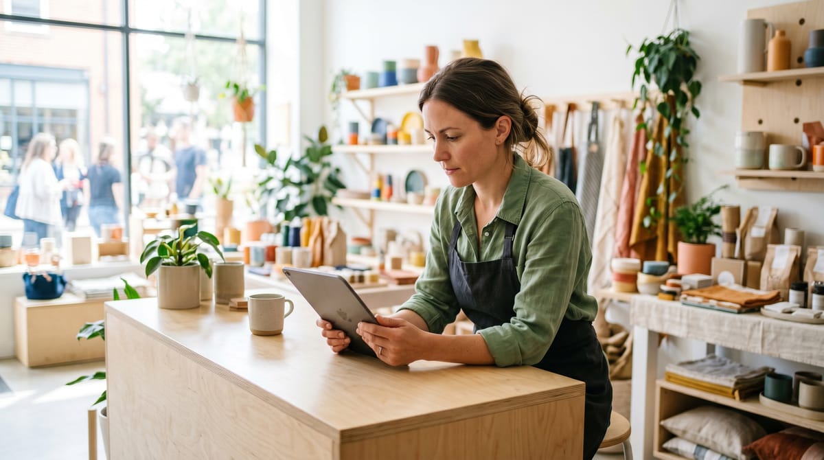 Dirigeante de petite entreprise analysant ses indicateurs clés sur un tableau de chiffres coloré