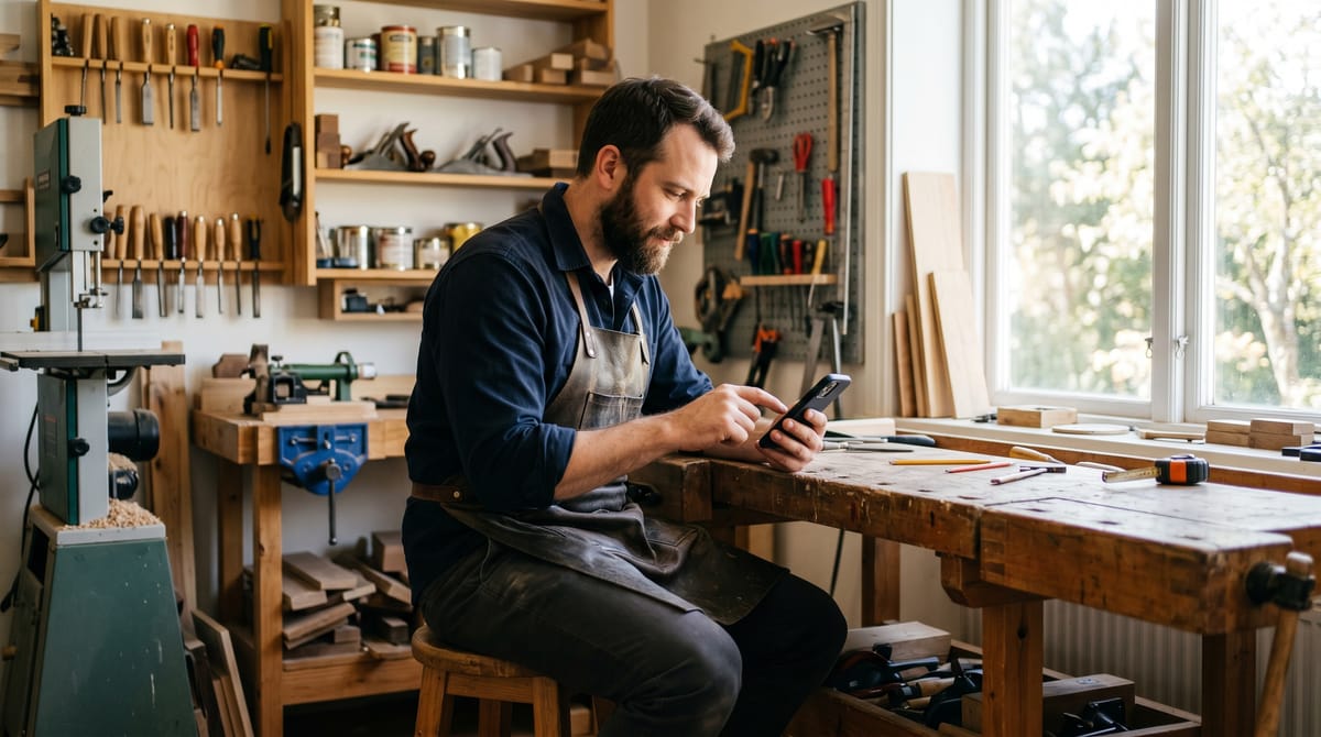     Artisan seul organisant son fichier clients sur une tablette dans son atelier moderne