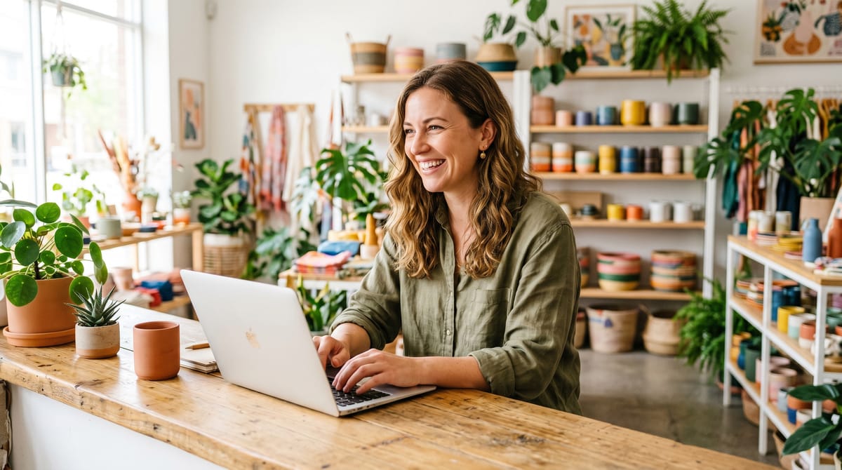     Commerçante créant le site vitrine de sa boutique sur un ordinateur portable lumineux