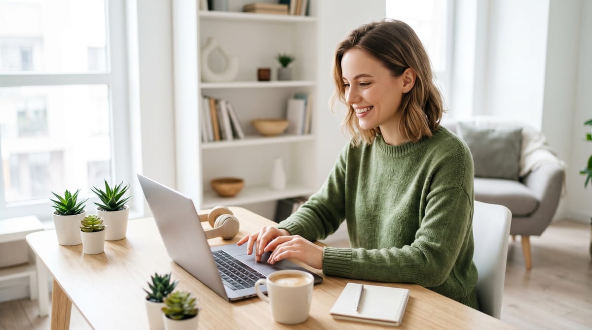     Auto-entrepreneur souriant gérant sa facturation électronique sur un ordinateur portable à son bureau