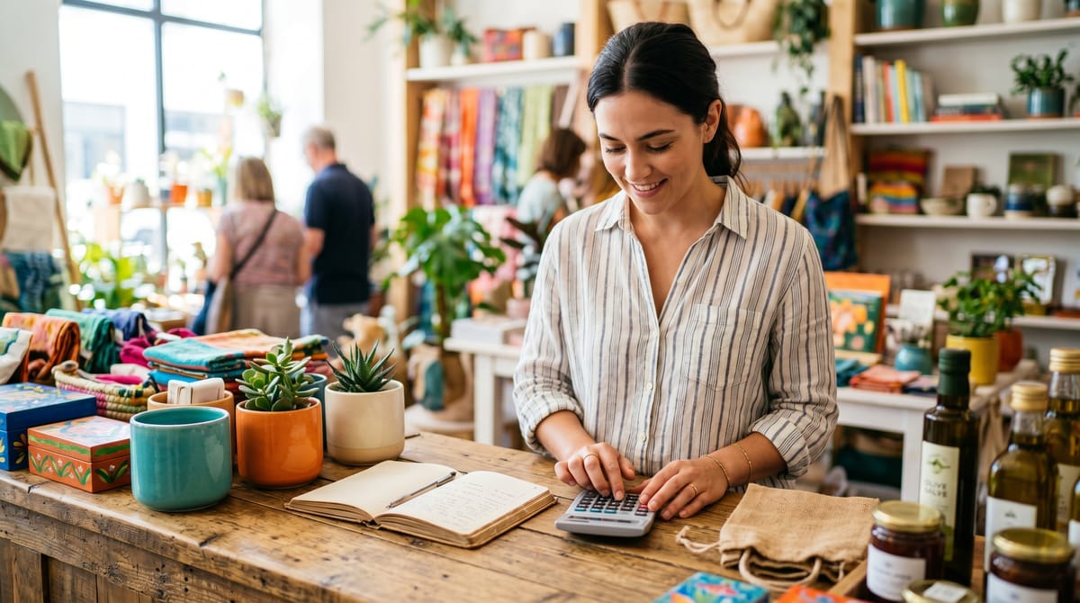     Gérante de commerce calculant sa marge avec une calculatrice et des étiquettes de prix