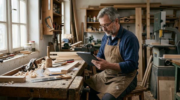 Artisan menuisier vérifiant une facture électronique sur sa tablette dans son atelier
