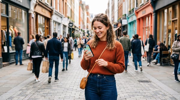     Cliente satisfaite laissant un avis cinq étoiles sur son smartphone devant un commerce local