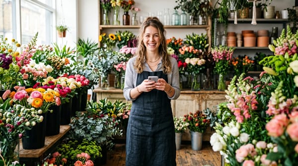 Fleuriste souriante consultant son smartphone dans sa boutique de fleurs colorée et lumineuse