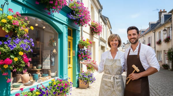 un couple d'artisans devant la devanture de leur atelier