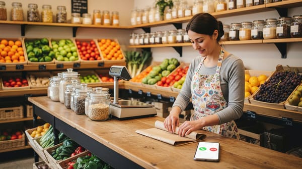 Épicière seule emballant un achat pendant qu'un appel sonne sur son téléphone posé sur le comptoir