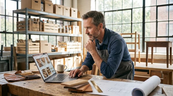     Artisan comparant les coûts d'un site internet devant son ordinateur dans son atelier