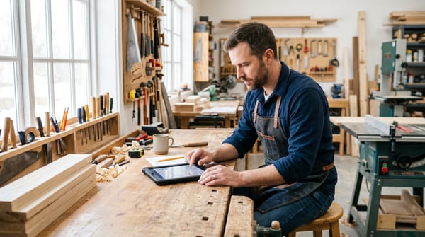    Artisan concentré préparant une facture électronique sur une tablette dans son atelier lumineux