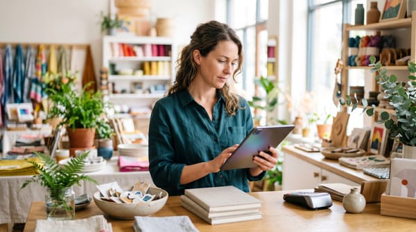 Commerçante analysant les chiffres de son activité sur une tablette derrière son comptoir