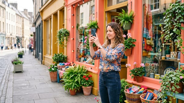     Commerçante photographiant sa boutique de proximité avec un smartphone pour sa fiche Google