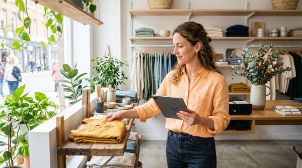     Gérant de commerce local choisissant les catégories de son établissement sur sa tablette