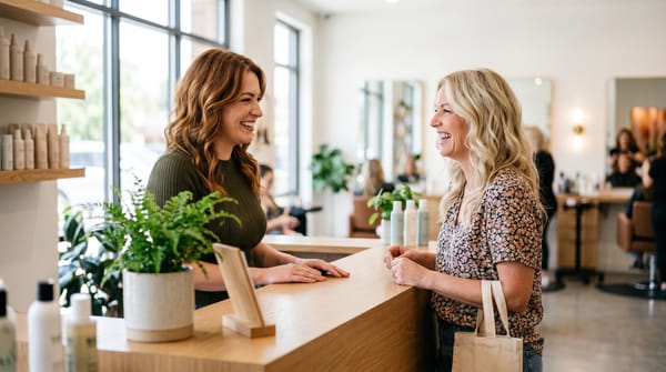     Coiffeuse et cliente souriantes discutant au comptoir d'un salon de coiffure lumineux